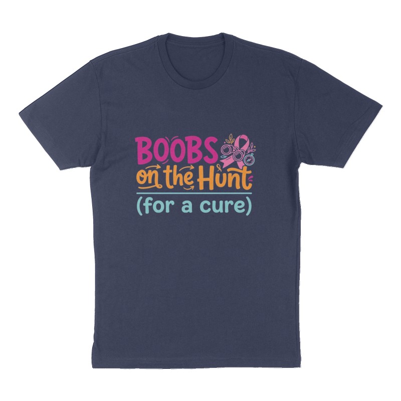 Custom t-shirt: "Boobs on the Hunt (for a cure)", Front print, navy shirt