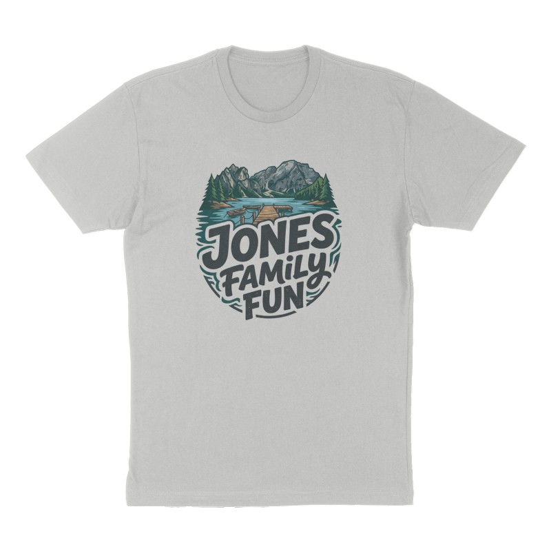 Custom t-shirt: "Jones Family Fun", Front print, heather-gray shirt