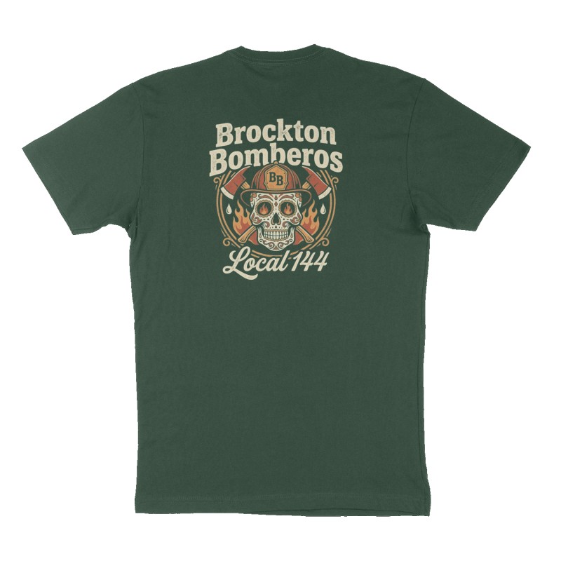 Custom t-shirt: "Brockton Bomberos", Back print, forest-green shirt