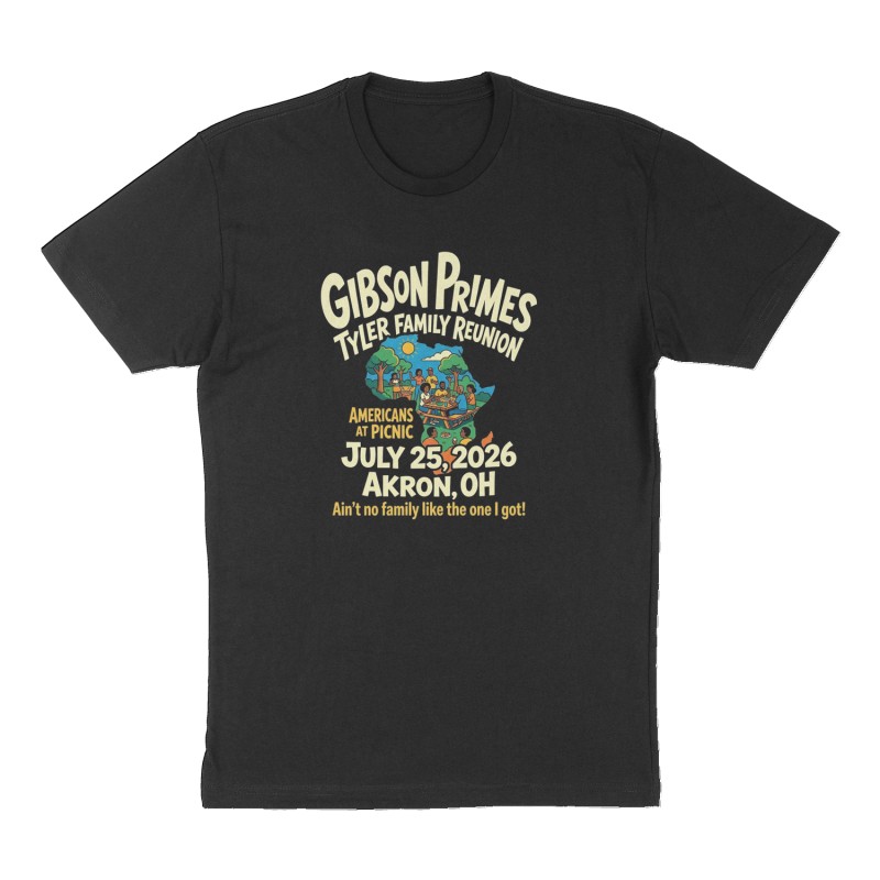 Custom t-shirt: "Gibson Primes Tyler Family Reunion", Front print, black shirt