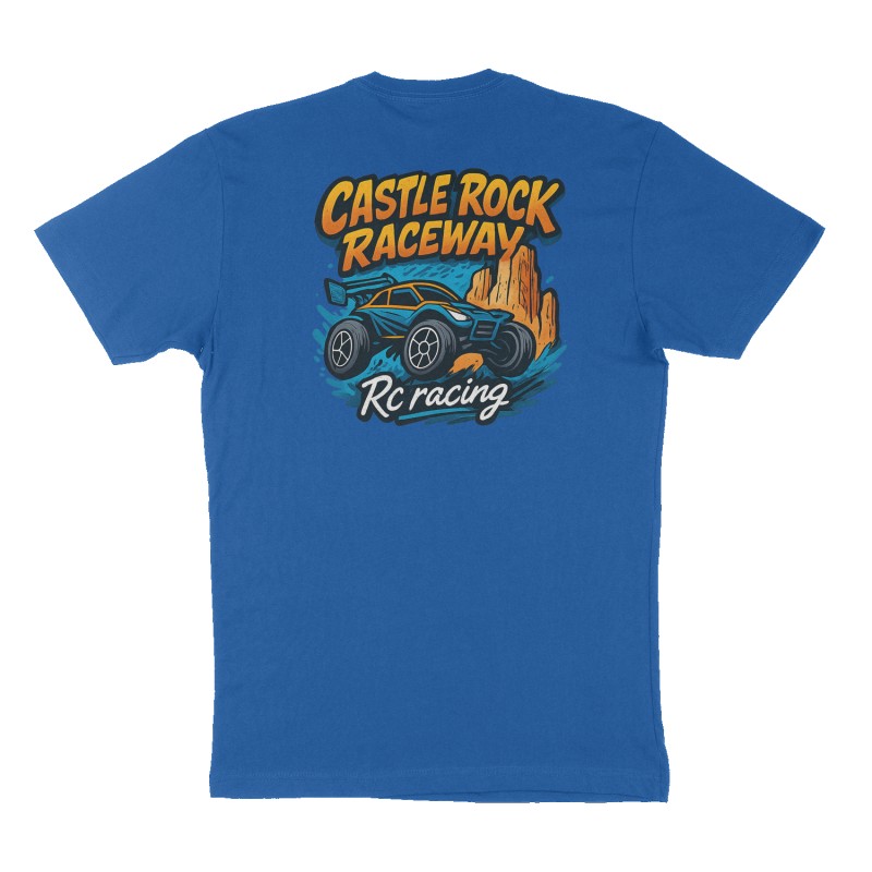 Custom t-shirt: "Castle Rock Raceway", Back print, royal-blue shirt
