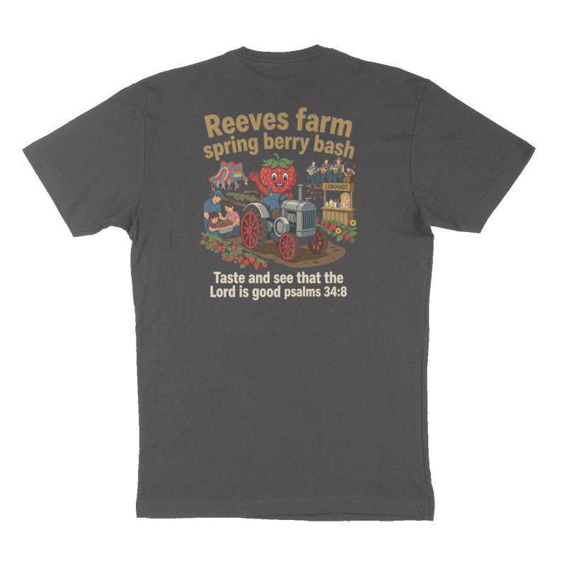 Custom t-shirt: "Reeves farm spring berry bash ", Back print, charcoal shirt