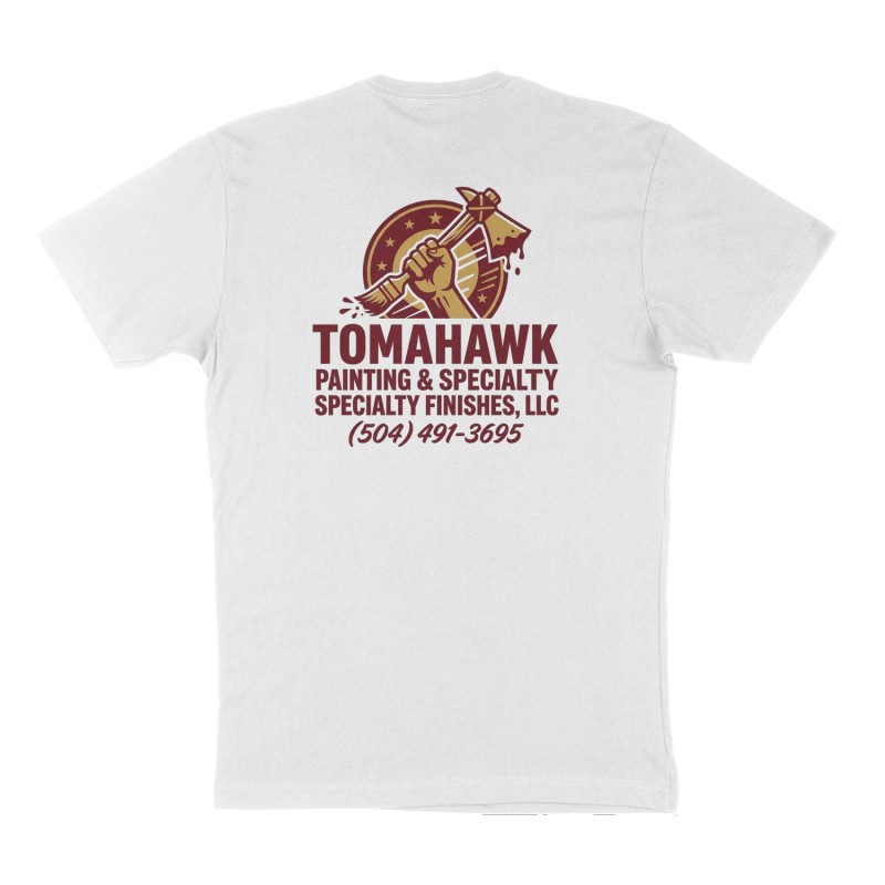 Custom t-shirt: "Tomahawk painting & specialty finishes, LLC", Back print, white shirt