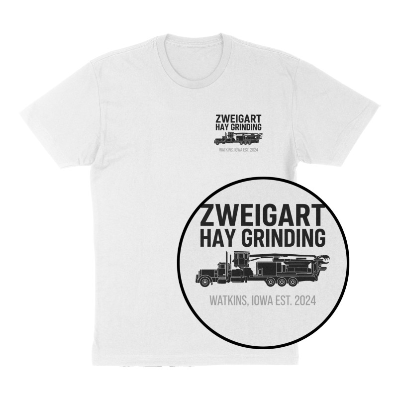Custom t-shirt: "Zweigart Hay Grinding", Left Chest print, white shirt