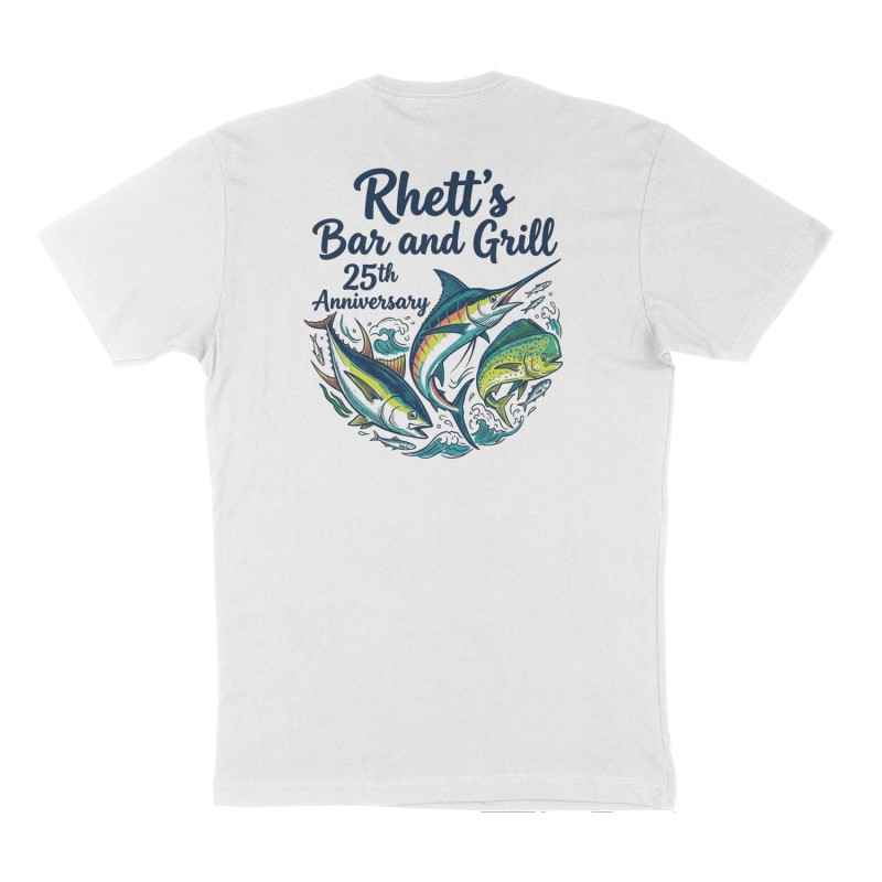 Custom t-shirt: "Rhett’s Bar and Grill", Back print, white shirt
