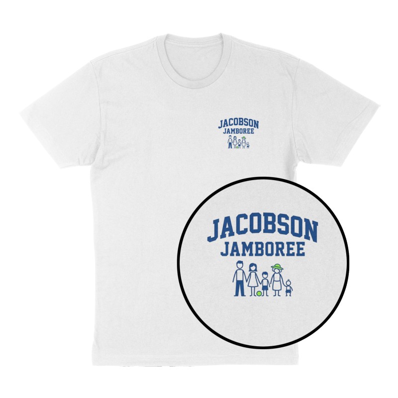 Custom t-shirt: "Jacobson Jamboree", Left Chest print, white shirt