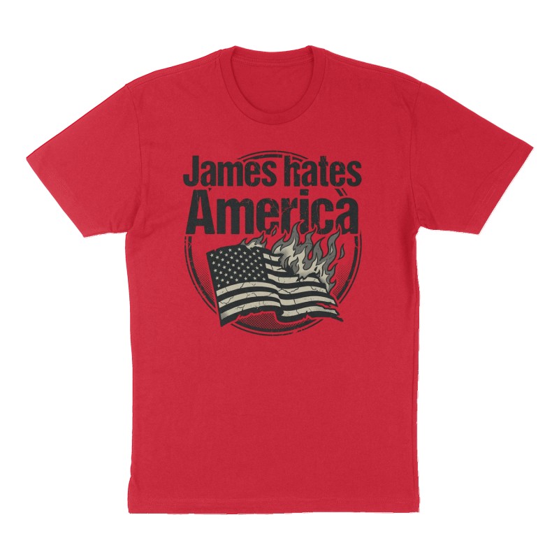 Custom t-shirt: "James hates America ", Front print, red shirt