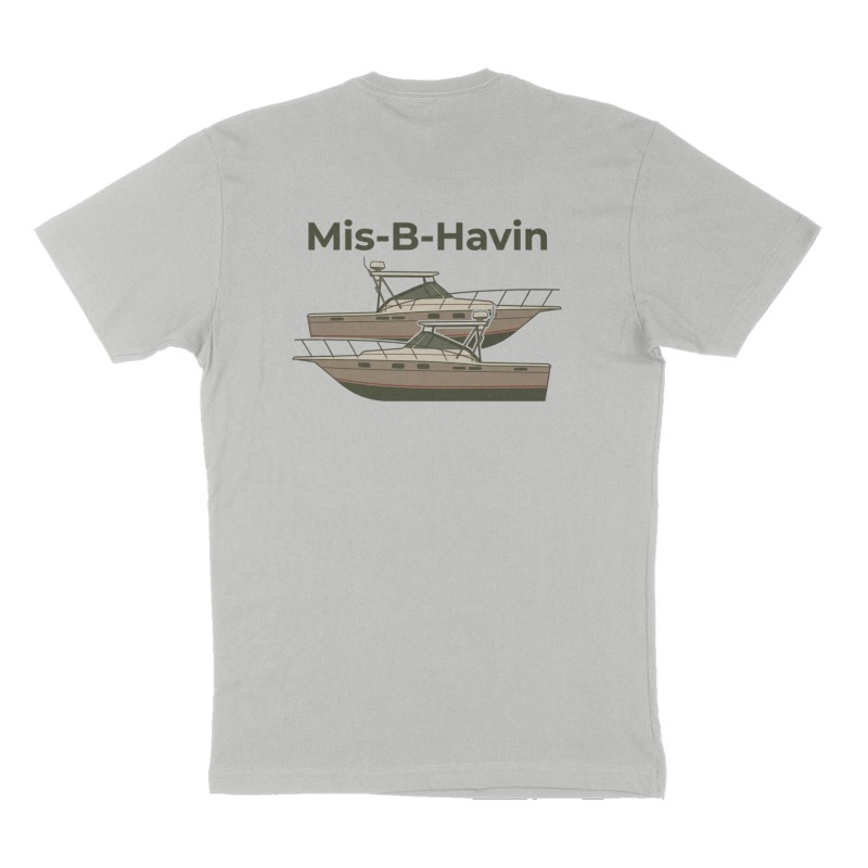 Custom t-shirt: "Mis-B-Havin", Back print, heather-gray shirt