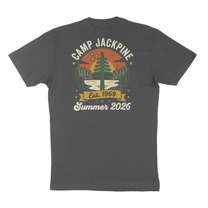 Custom t-shirt: "Camp Jackpine", Back print, charcoal shirt