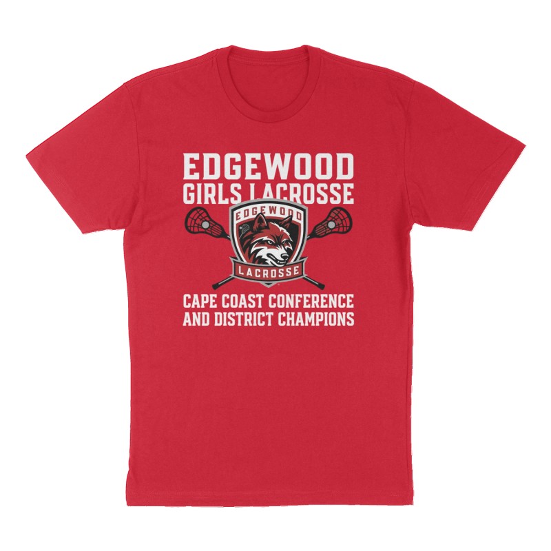 Custom t-shirt: "Edgewood Girls Lacrosse Cape Coast Conference and District  Champions", Front print, red shirt