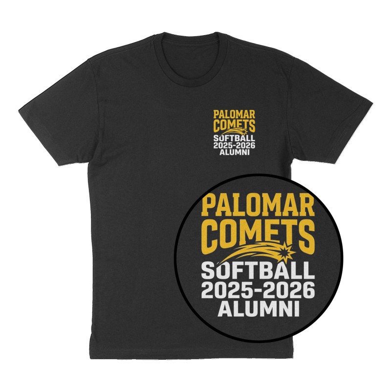 Custom t-shirt: "Palomar Comets Softball 2025-2026 Alumni", Left Chest print, black shirt