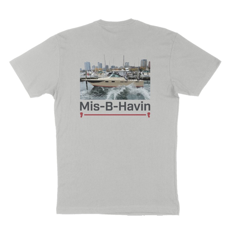 Custom t-shirt: "Mis-B-Havin", Back print, heather-gray shirt