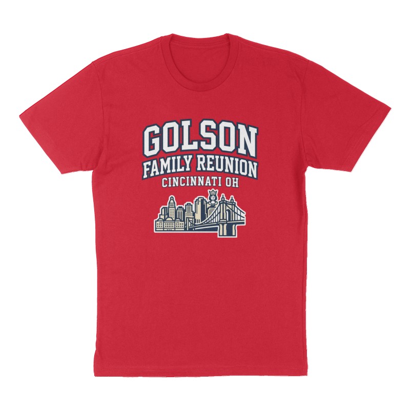 Custom t-shirt: "Golson Family Reunion Cincinnati OH", Front print, red shirt