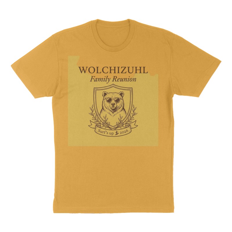Custom t-shirt: "Wolchizuhl", Front print, mustard-yellow shirt