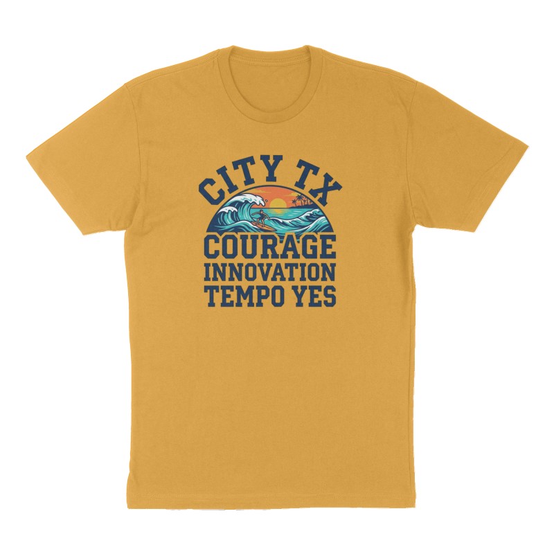 Custom t-shirt: "City Tx Courage Innovation Tempo Yes", Front print, mustard-yellow shirt