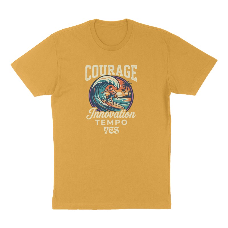 Custom t-shirt: "Courage Innovation Tempo Yes", Front print, mustard-yellow shirt