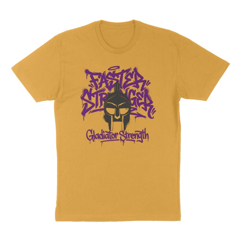 Custom t-shirt: "Faster Stronger", Front print, mustard-yellow shirt
