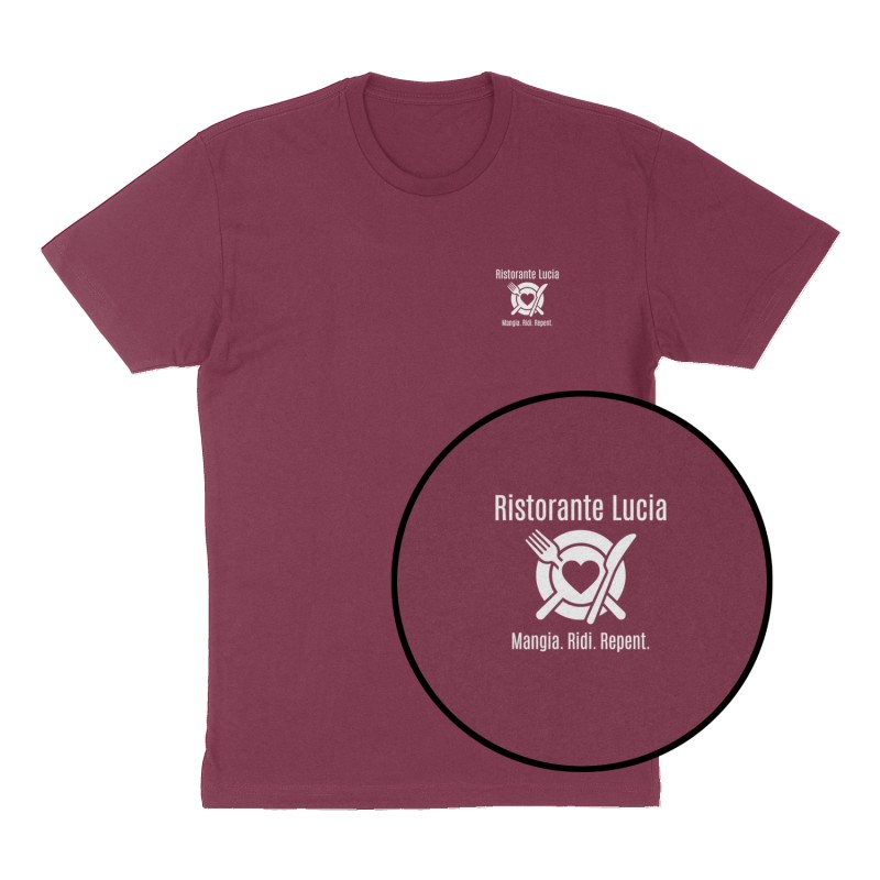 Custom t-shirt: "Ristorante Lucia", Left Chest print, maroon shirt