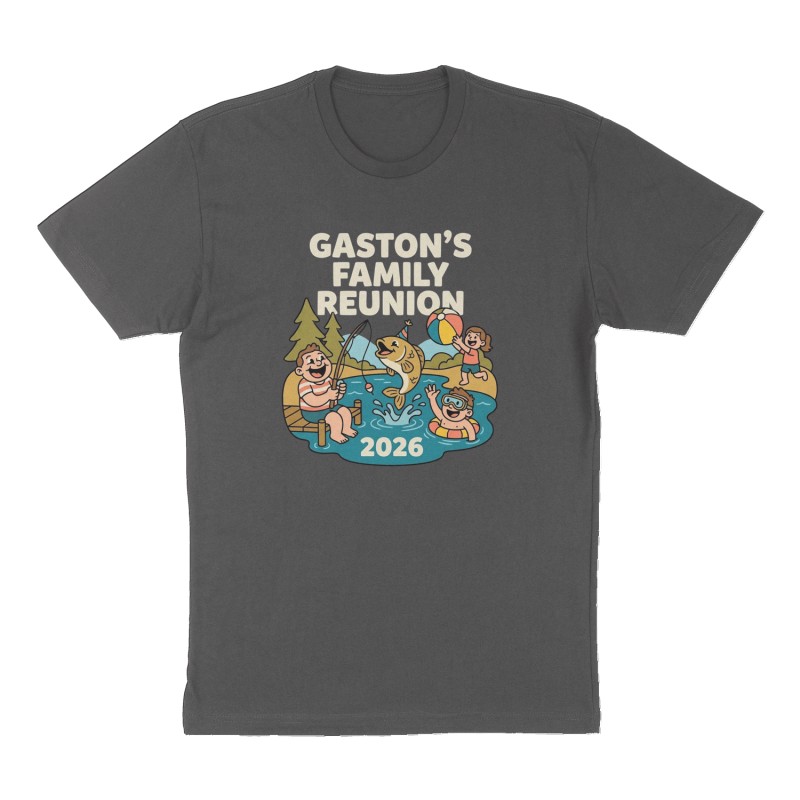 Custom t-shirt: "Gaston's Family Reunion 2026", Front print, charcoal shirt