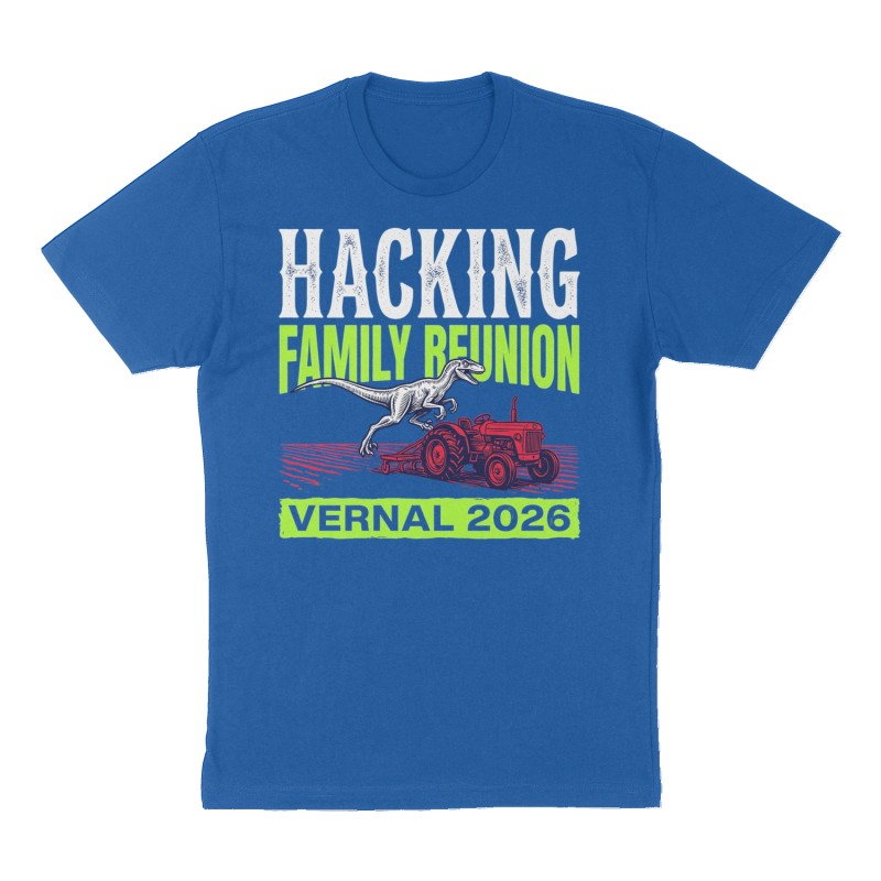 Custom t-shirt: "Hacking Family Reunion", royal-blue shirt