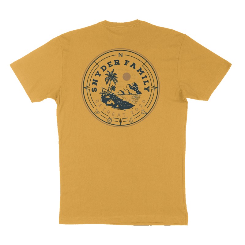 Custom t-shirt design, Back print, mustard-yellow shirt