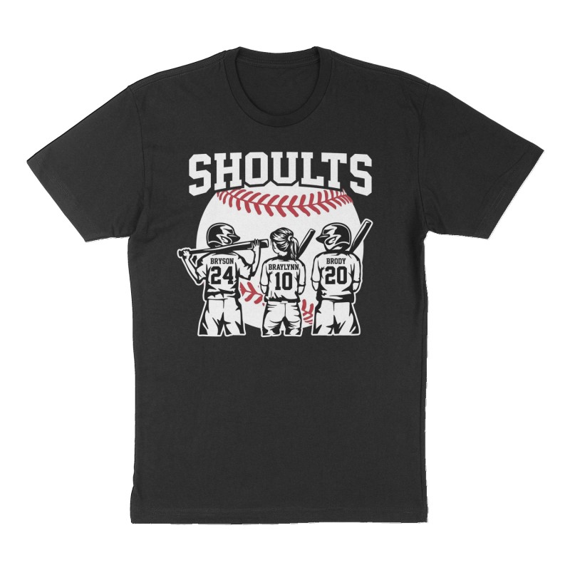 Custom t-shirt: "Shoults", Front print, black shirt