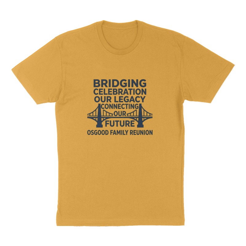 Custom t-shirt: "Bridging celebration our legacy connecting our future", Front print, mustard-yellow shirt