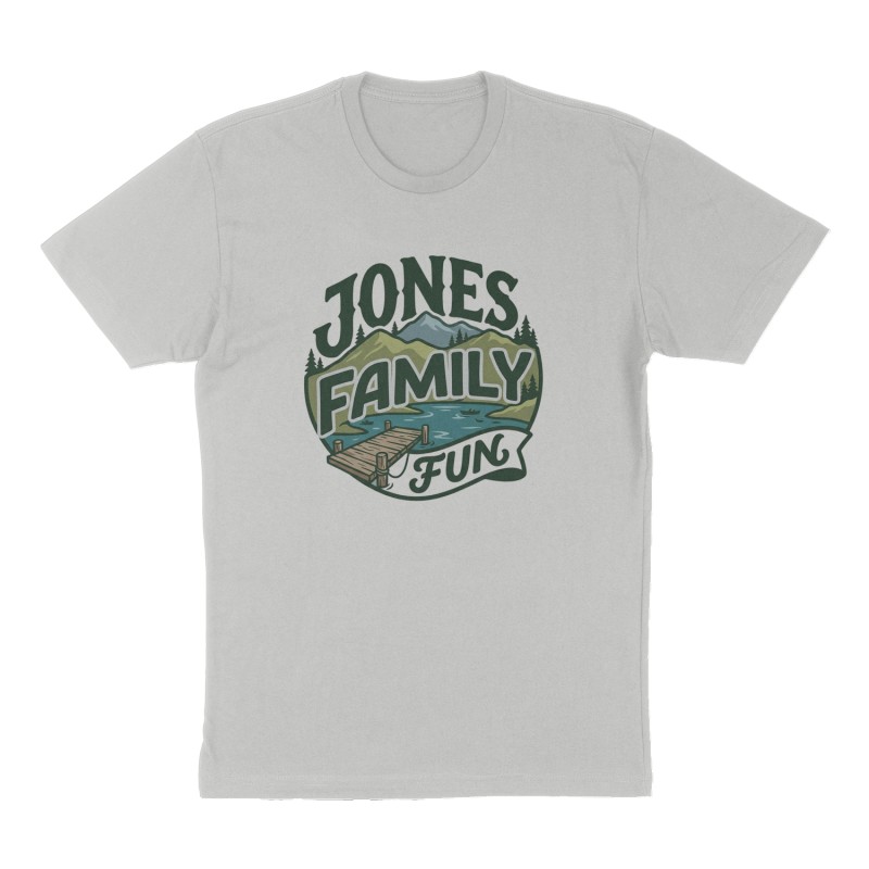 Custom t-shirt: "Jones Family Fun", Front print, heather-gray shirt