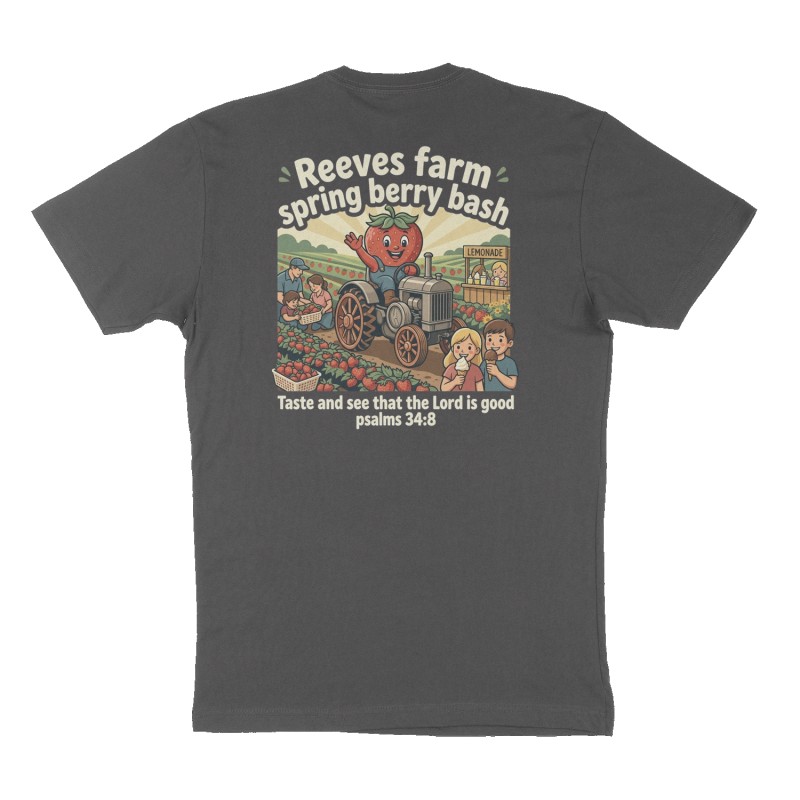 Custom t-shirt: "Reeves farm spring berry bash ", Back print, charcoal shirt