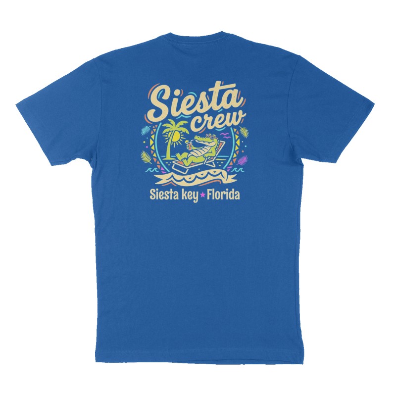 Custom t-shirt: "Siesta crew", Back print, royal-blue shirt