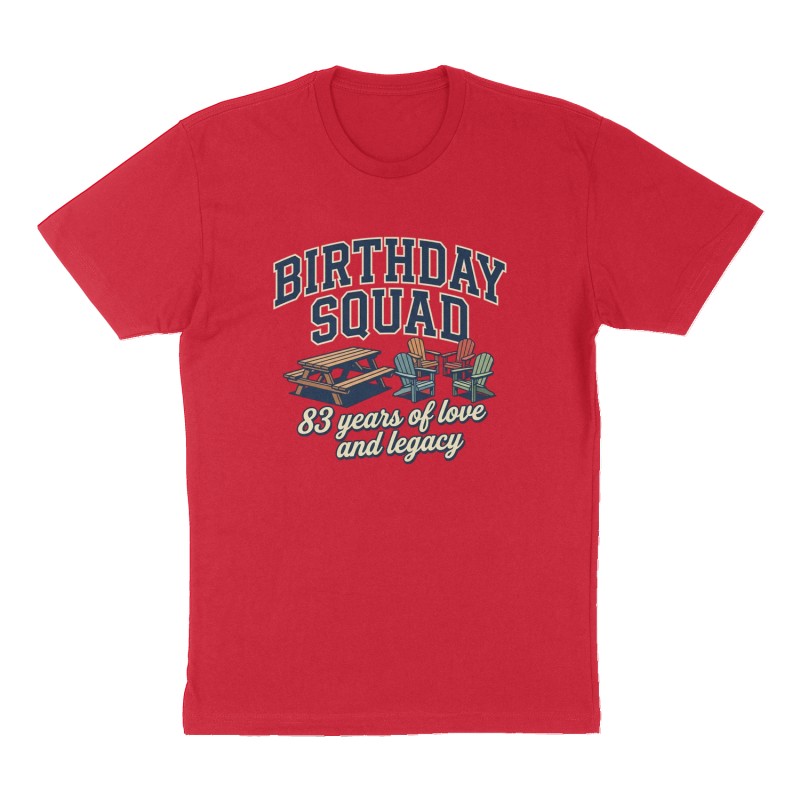Custom t-shirt: "Birthday Squad", Front print, red shirt
