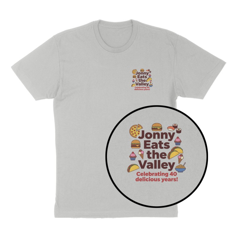 Custom t-shirt: "Jonny Eats the Valley", Left Chest print, heather-gray shirt