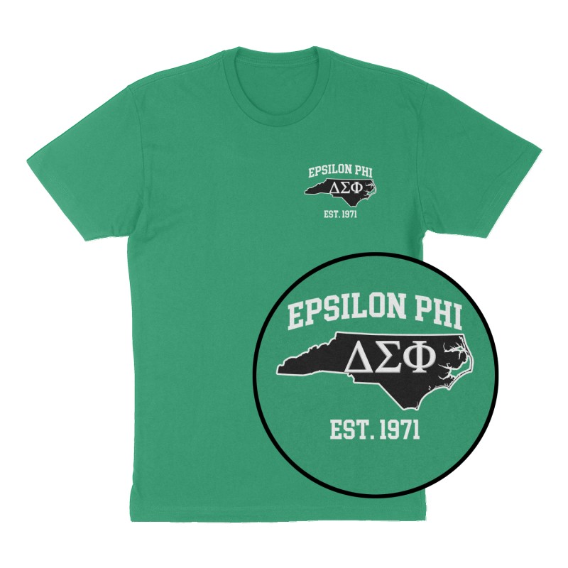 Custom t-shirt: "Epsilon Phi", Left Chest print, green shirt