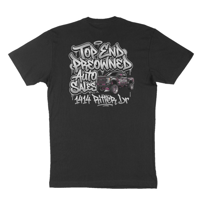Custom t-shirt: "Top End Preowned Auto Sales", Back print, black shirt