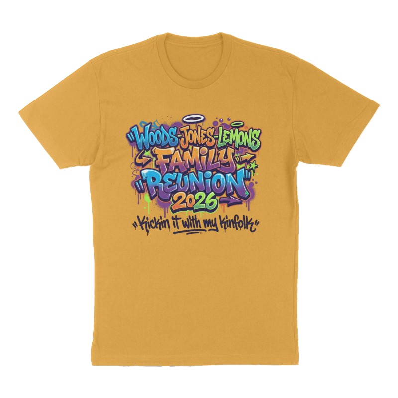 Custom t-shirt: "WOODS-JONES-LEMONS FAMILY REUNION 2026", Front print, mustard-yellow shirt