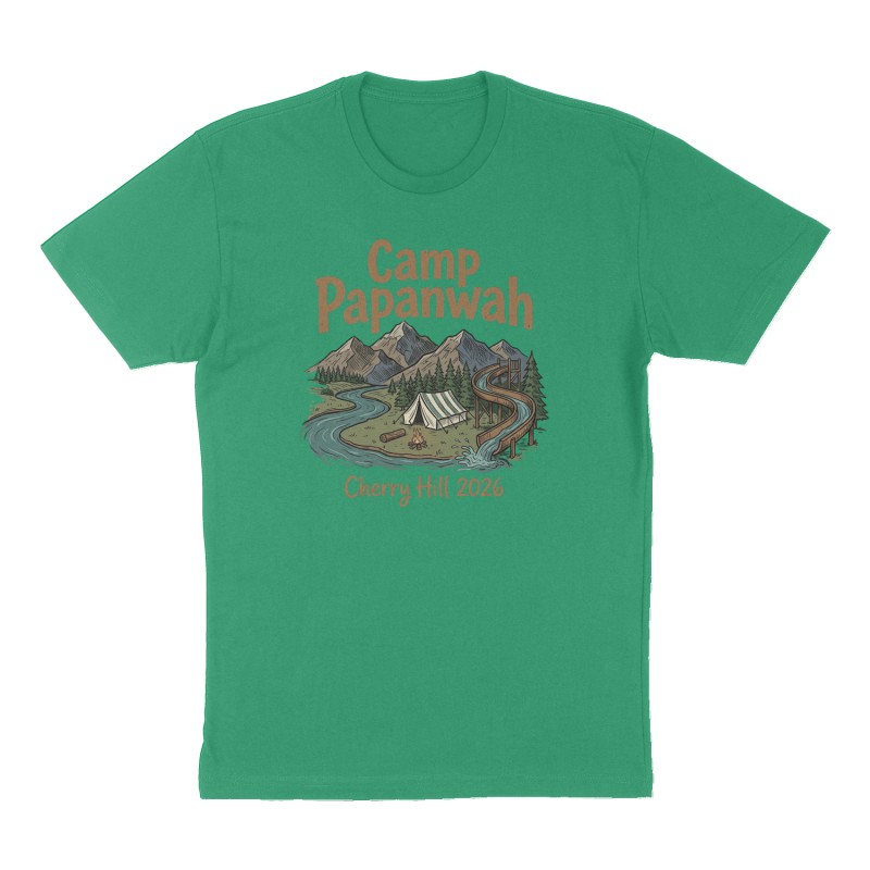 Custom t-shirt: "Camp Papanwah", Front print, green shirt