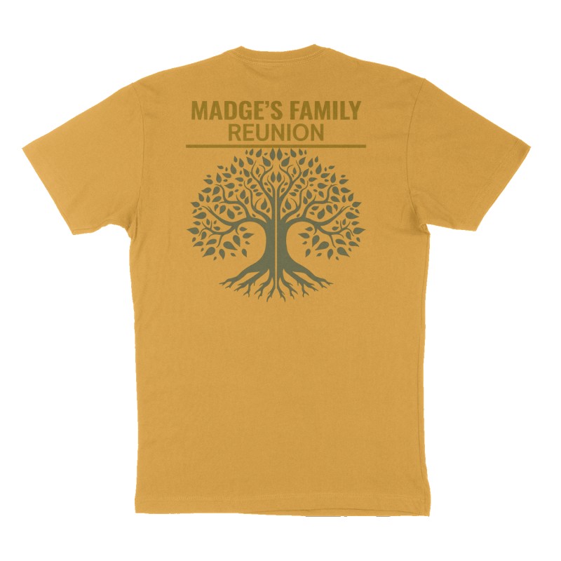 Custom t-shirt: "Madge’s Family Reunion", Back print, mustard-yellow shirt