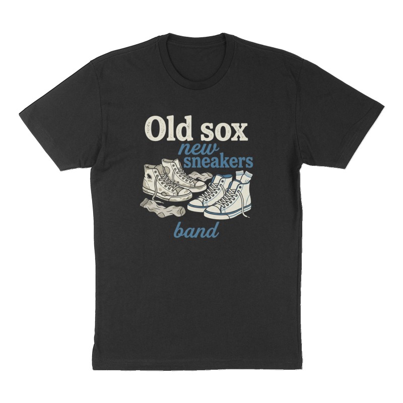 Custom t-shirt: "Old sox new sneakers band ", Front print, black shirt
