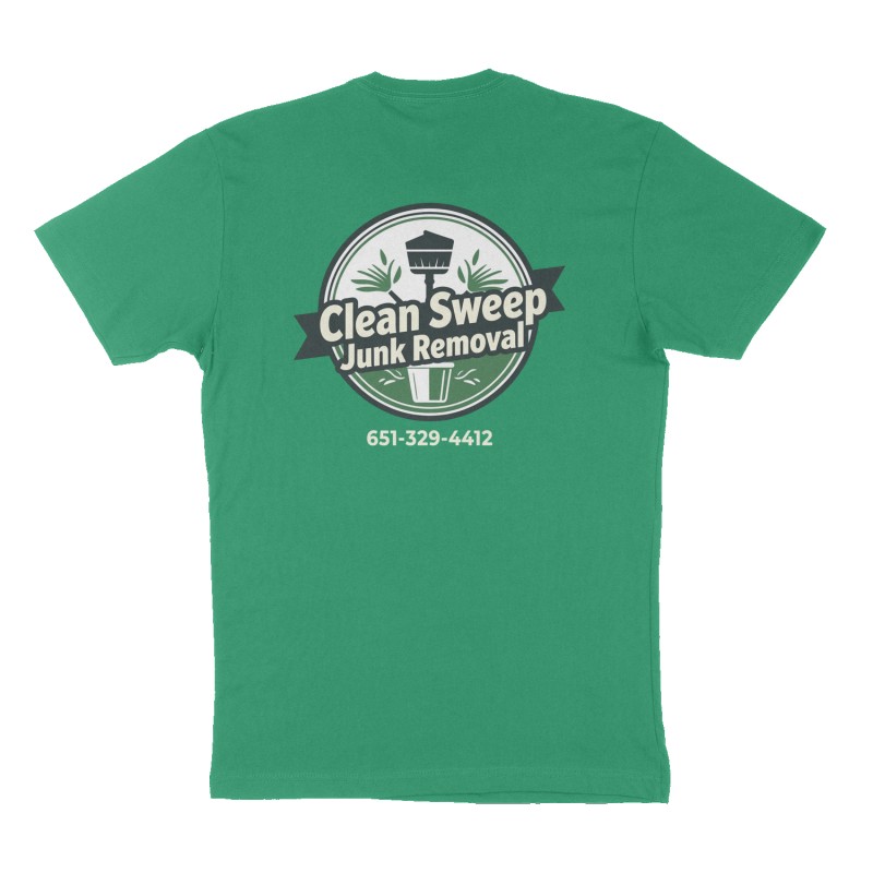 Custom t-shirt: "Clean Sweep Junk Romoval", Back print, green shirt