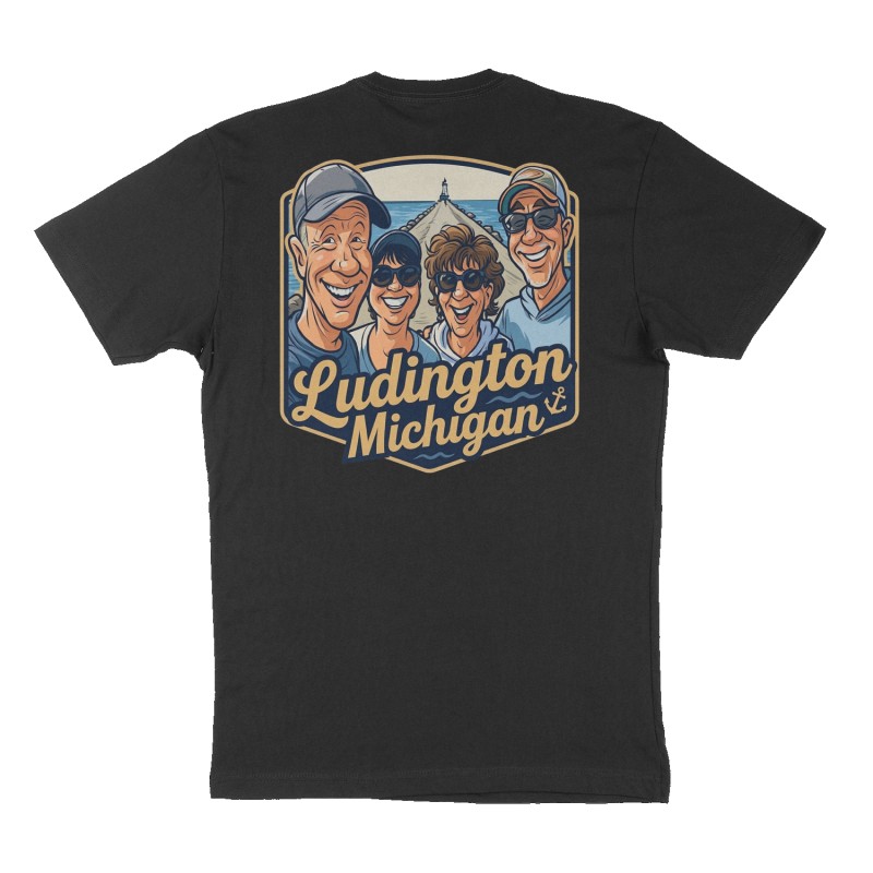 Custom t-shirt: "Ludington, Michigan", Back print, black shirt