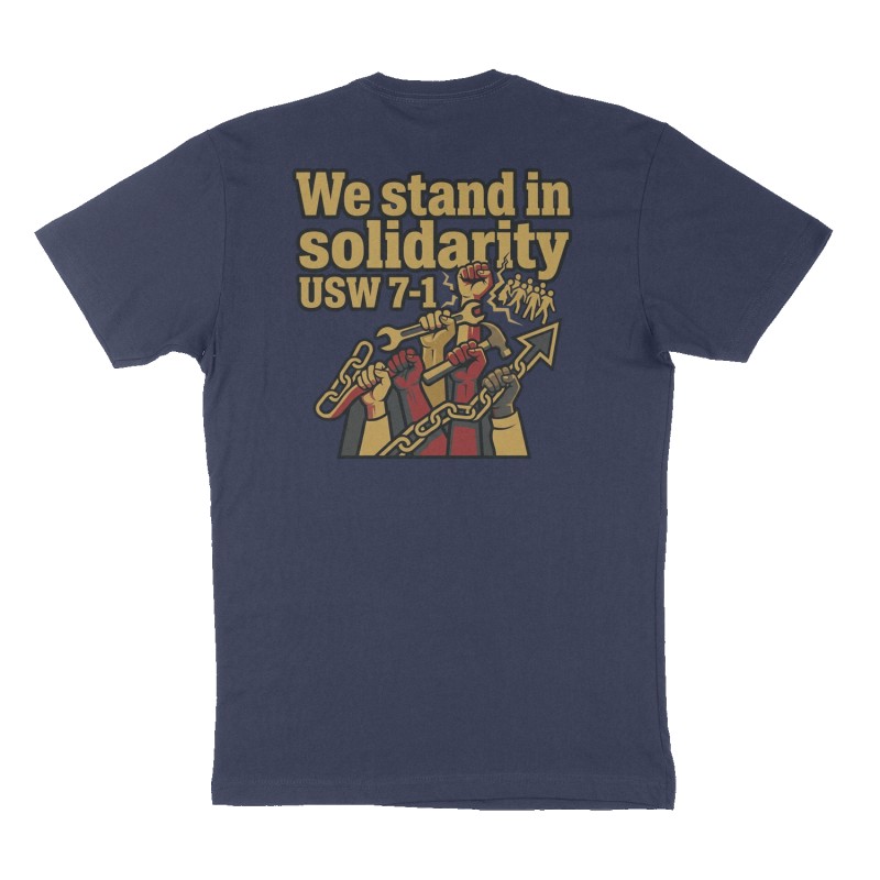 Custom t-shirt: "We stand in solidarity", Back print, navy shirt