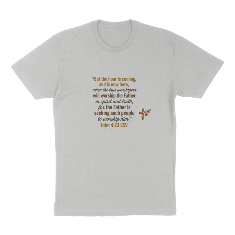 Custom t-shirt: "“But the hour is coming, and is now here, when the true worshipers will worship the Father in spirit and truth, for the Father is seeking such people to worship him.” John 4:23 ESV", Front print, heather-gray shirt