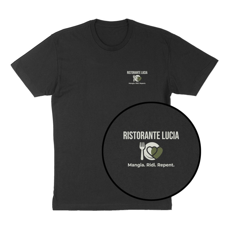 Custom t-shirt: "Ristorante Lucia", Left Chest print, black shirt