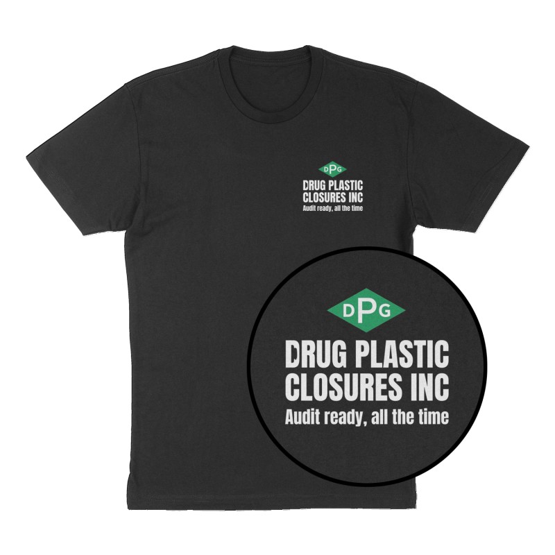 Custom t-shirt: "Drug Plastic Closures Inc", Left Chest print, black shirt