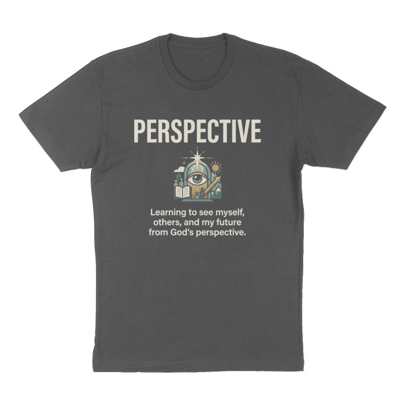 Custom t-shirt: "Perspective", Front print, charcoal shirt