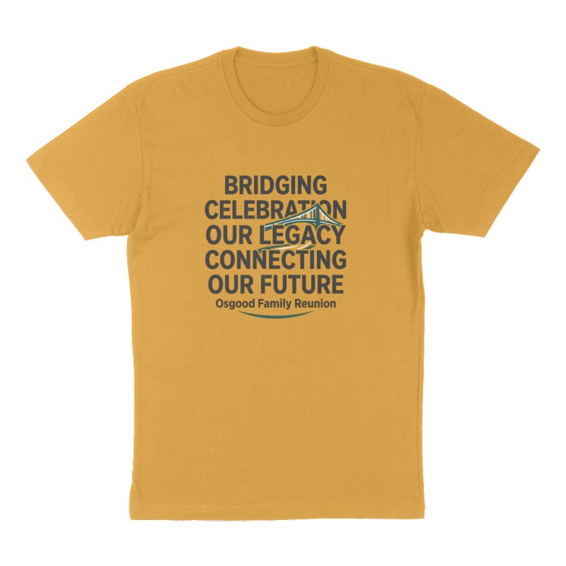 Custom t-shirt: "Bridging celebration our legacy connecting our future", Front print, mustard-yellow shirt