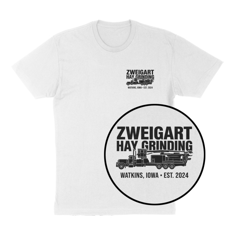 Custom t-shirt: "Zweigart Hay Grinding", Left Chest print, white shirt