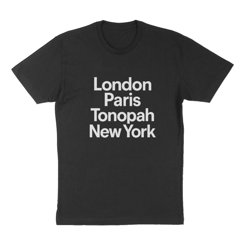 Custom t-shirt: "London Paris Tonopah New York", Front print, black shirt