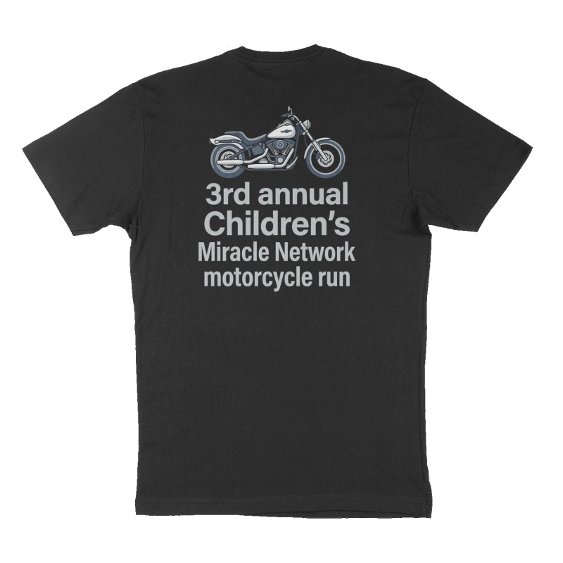 Custom t-shirt: "3rd annual Children's Miracle Network motorcycle run ", Back print, black shirt