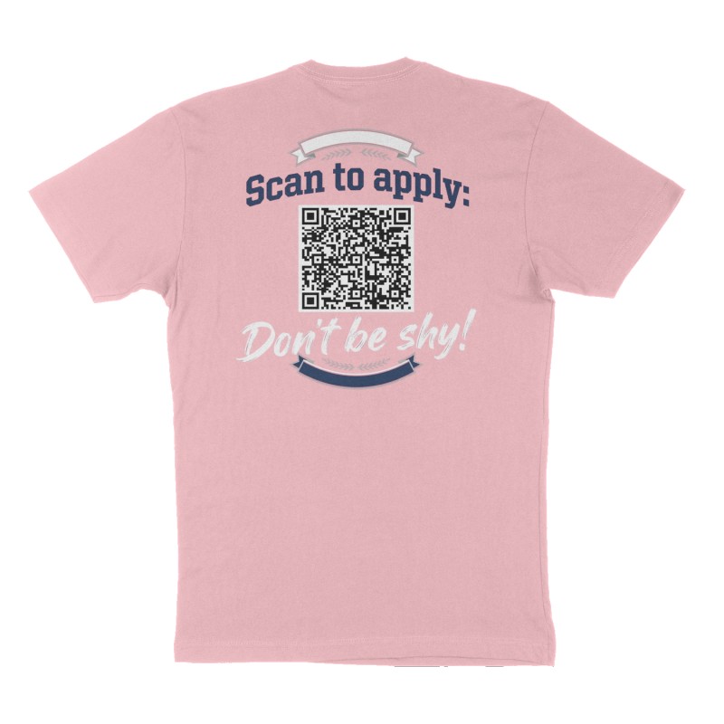 Custom t-shirt: "Scan to apply: ", Back print, pink shirt